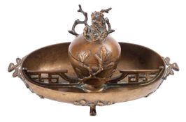 A late C19th brass inkstand stand in Art Nouveau manner cast with leafy branches,