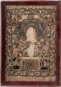 An embroidered, silkworked and lace devotional picture of figures at an altar, probably Continental,
