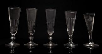 A set of six champagne flutes with slice cut bowls, annular knopped stem on domed foot,