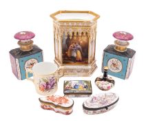 A mixed group of porcelain comprising two French porcelain table scents,