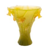 A Daum Pâte de Verre glass vase of trumpet shaped form the pale yellow and amber tinged body