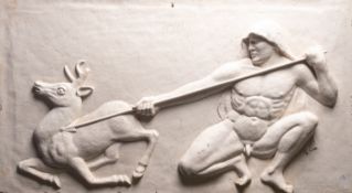 J.McLaughlin, NDD FRSA; a rectangular paster figural relief depicting a huntsman and a stag;