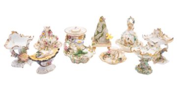 A mixed lot of 19th century Coalbrookdale-style and other flower-encrusted porcelain comprising two