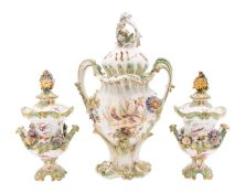 A Coalbrookdale-style flower-encrusted pot pourri vase and cover and a pair of smaller pot pourri
