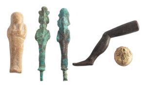 A small group of Egyptian artifacts, possibly Late Period; comprising a terracotta shabti figure,