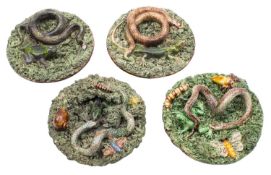 Four small Portuguese Palissy ware dishes two by Jose Francisco de Sousa and two by Jose Alves