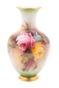 A Royal Worcester porcelain vase enamelled with red and yellow Hadley roses by Arthur Chidley,