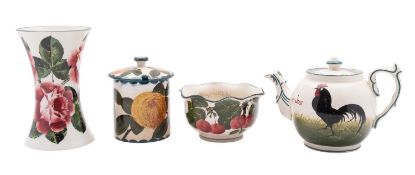 Four pieces of Wemyss pottery comprising a waisted vase decorated with pink cabbage roses,
