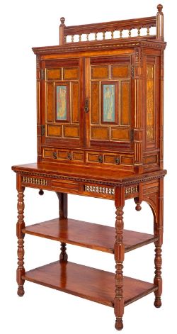 A Victorian parcel-gilt satinwood side cabinet on stand in Aesthetic movement style,