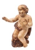 A pair of Continental carved and painted wood models of putti, probably Austr-German,