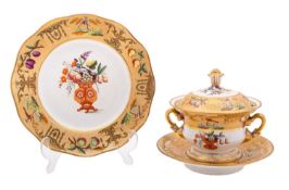A Coalport Improved Feldspar tureen, cover, stand and a matching plate,