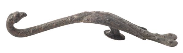 A CHINESE BRONZE BELT HOOK WITH HEAD OF GRIFFIN AND BODY OF PEACOCK, HAN DYNASTY (202 B.C.-220 A.D.