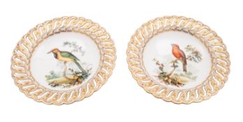 A pair of Coalport ornithological comports painted by John Randall,