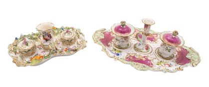 A large Coalport flower-encrusted inkstand and a similar pink-ground inkstand,