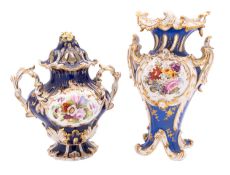 An English porcelain two-handled pot-pourri vase and cover, probably Coalport and a similar vase,