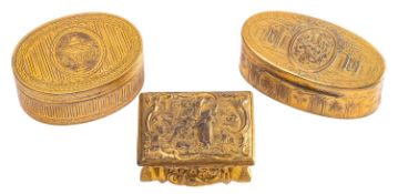 Three Continental gilt metal snuff boxes,