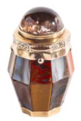 A SCOTTISH HARDSTONE, ROCK CRYSTAL AND YELLOW METAL MOUNTED VINAIGRETTE CIRCA 1840, barrel-shaped,