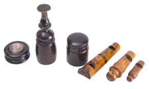 A Victorian turned lignum vitae and brass mounted desk seal, mid 19th century, 8.5cm high