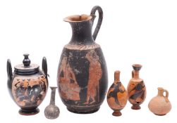 Four pieces of museum replica 'black and red figure' pottery,