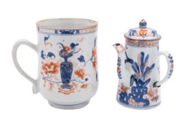A Chinese Imari coffee pot and cover with silver mounts and a similar baluster tankard,