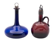 A 19th century blue glass 'Mel' decanter and an amethyst glass flask the first with silver-mounted