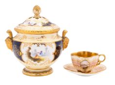 A Coalport two-handled pot-pourri vase and cover and a Coalport jewelled miniature cup and saucer,