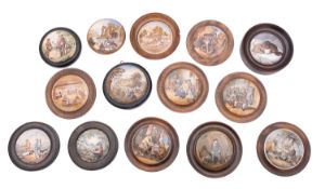Fourteen pottery pot lids variously printed with the Sportsman, a Pair, a Fix,
