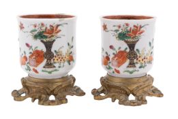 A pair of Chinese gilt-metal mounted famille rose porcelain small vases,