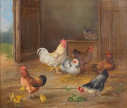 * Edgar Hunt (British, 1876-1953) - A study of chickens in a barn