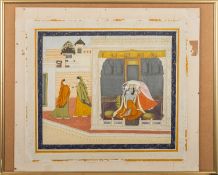 Kangra School [India 19th century] Radha and Krishna in Dalliance on a Palace terrace gouche,