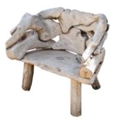 A rustic timber garden seat, late 20th century; on straight, splayed legs; 92cm high,