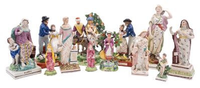 Twelve pearl ware figures, including Departure, Return, Flight from Egypt, two Archers, Charity,
