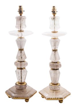 A pair of fine and impressive rock crystal and gilt metal mounted table lamps,