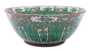 A Canton porcelain cabbage leaf pattern punch bowl, 36cm diameter, mid 20th century.