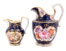 A mixed lot comprising a large Coalport blue ground jug, a similar smaller jug,