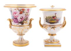 Two early 19th century campana vases one with lion-mask loop handles and painted with floral