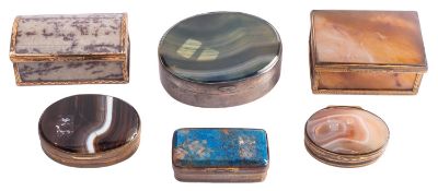 A group of six various agate and hardstone trinket boxes, late 19th century; all gilt metal mounted,
