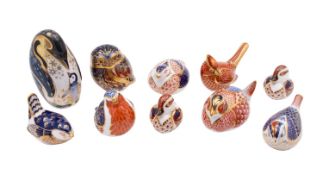 Ten Royal Crown Derby porcelain bird paperweights comprising two Swimming Ducklings, Wren, Robin,