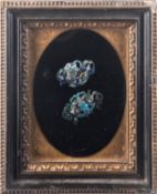 Two Chinese Kingfisher feather and white metal mounts,