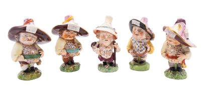 A group of five Derby Mansion House dwarfs, circa 1790-1800 of traditional form,