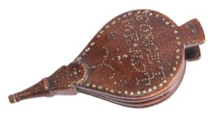 A Victorian carved walnut love token in the form of a set of bellows,