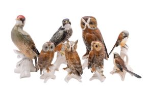 Seven Karl Ens bird figures comprising a Green Woodpecker, Kestrel, Bearded Tits,