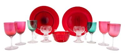 A mixed group of primarily coloured glass, comprising two plates, six finger bowls,