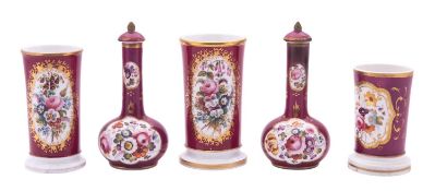 A pair of Coalport magenta-ground spill vases [in two sizes],