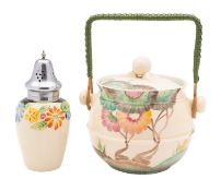 A Clarice Cliff biscuit barrel and cover decorated in the Green Aurea pattern, printed marks,