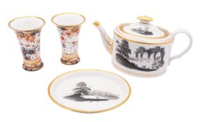 A pair of Spode spill vases and a Spode en grisaille teapot, cover and stand,