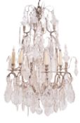 A Louis XV style silvered metal and glass ten light 'cage' chandelier,