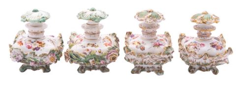 Two pairs of Coalport green-ground scent bottles and stoppers,