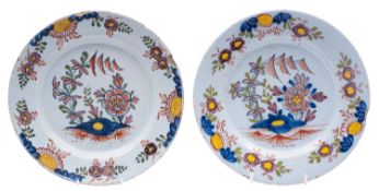 A pair of London Delft plates, probably Lambeth, each painted in colours with chrysanthemum,