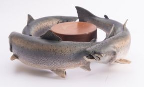 Neil Dalrymple. A circle of three Sea trout, ceramic fish, numbered to base 'WLD 004'